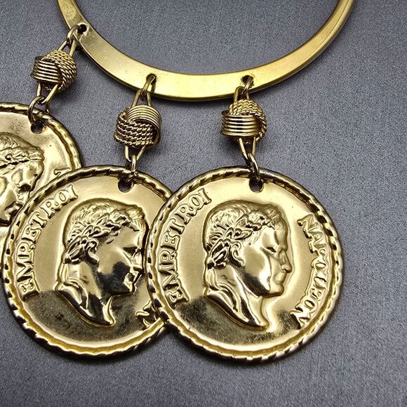 VTG Gold Coin Napoleon Empereur Dangle Hoop Post Earrings 3" Statement 1980s - Picture 2 of 10